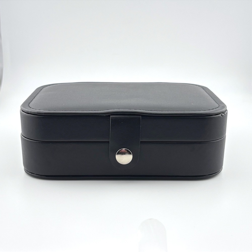 Black Faux Leather Travel Jewelry Box Organizer Case  Ring Rolls Cream Lining